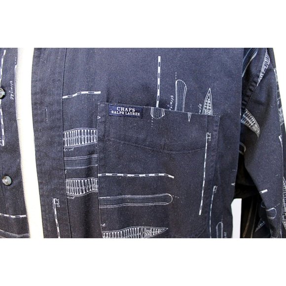Chaps Ralph Lauren Men Sz L Blue Nautical Boat Sailboat Blueprint Hull Button up - Picture 4 of 10